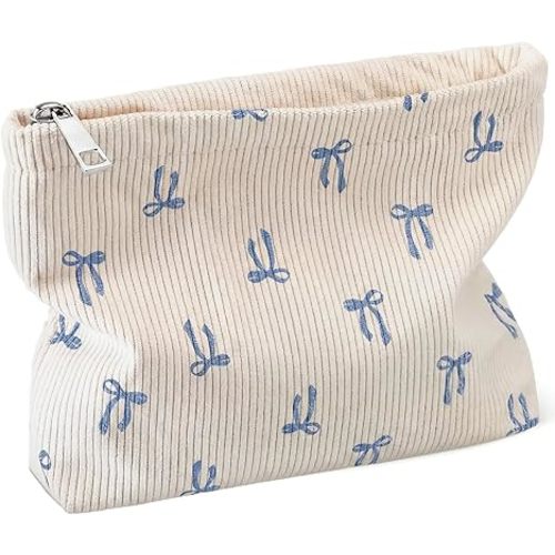 Dansydaisy Blue Bow Makeup Bag for Women Large Capacity Elegant Bow Cosmetic Bag with Zipper Preppy Travel Pouch Toiletry Handbag Makeup Organizer Aesthetic for Women Coquette Party (Classic)