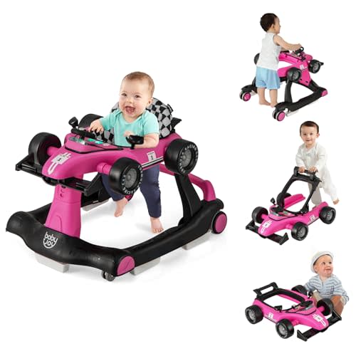 BABY JOY 4-in-1 Baby Walker, Foldable Activity Walker with Adjustable Height & Speed, Music, Lights, Steering Wheel, Comfy Seat Cushion, Activity Baby Push Walker for Boys Girls Aged 6 –18 (Pink)