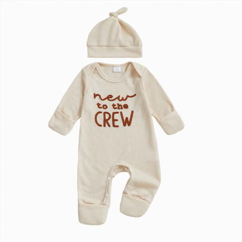 Gvdentm Newborn Baby Boy Clothes Letters Print Bodysuit 3 6 9 12 18 Months Long Sleeve Jumpsuit with Hat 2PCS Outfits Set(Beige,newborn)