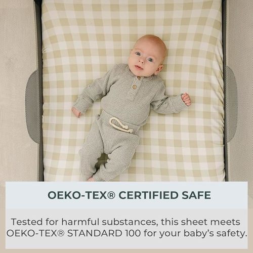 Pobibaby – 2 Pack Pack N Play Sheets and Mini Crib Sheets, Premium Fitted Pack N Play Sheets for Standard Playards and Mini Cribs – Ultra-Soft Jersey Knit, Safe and Snug for Baby (Gingham Khaki)