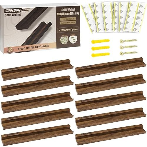 Record Wall Display No Drill with 2 Mount Options(Adhesive & Screws), 10 Pack Walnut Wood Vinyl Shelf, Vinyl Wall Mount, Record Holder Wall, Album Display Shelf, Floating Shelves for Album, LP, CDs