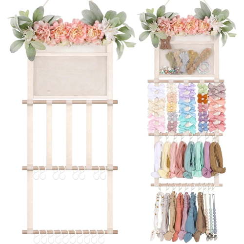 Headband Holder Hair Bows Organizer, Wall Hanging Display for Hair Accessories with Faux Floral Leaves