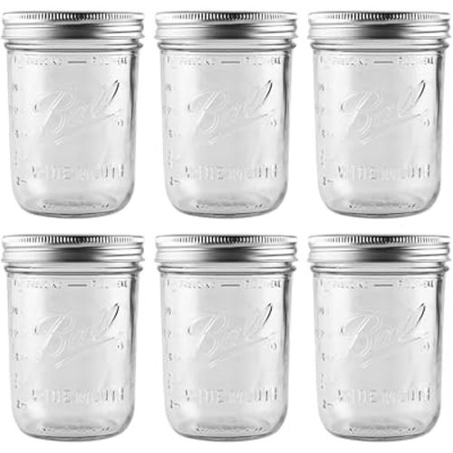 Ball - 16 oz Wide Mouth Glass Mason Jars | 6 Pack Jars with Airtight Lids | Large Glass Jar for Food Storage with Lids | Ideal for Canning, Fermentation, Pickling, Kombucha Brewing