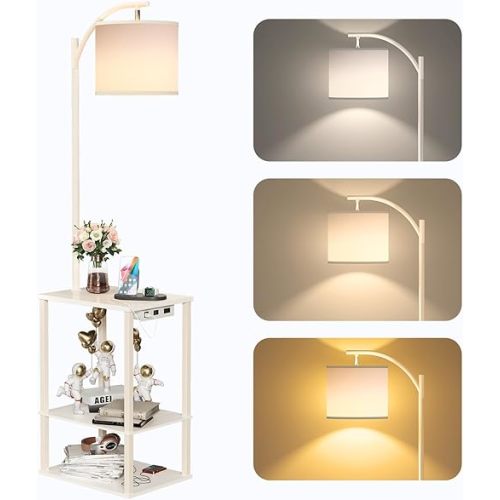 SUNMORY Floor Lamp with Table, End Table for Living Room with Lamp, Shelves Side Table with Charging Station(USB & AC Port), 3 Color Temperature LED Bulb, Modern Nightstand Lamp for Bedroom, Office