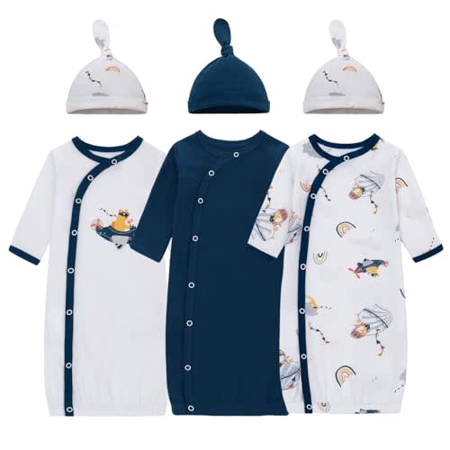 LAT Baby Newborn Gown,3 Packs Baby Sleeping Bag with Hat,Long Sleeve Cotton Sleep Sack,Nightgown Newborn Boys Girls(Rainbow Bear+Blue,0-3months)
