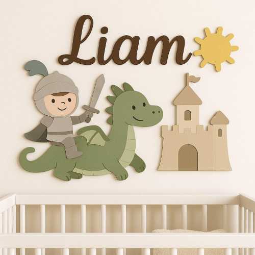 Personalized Knight and Dragon Wooden Name Sign - 3D Nursery Decor