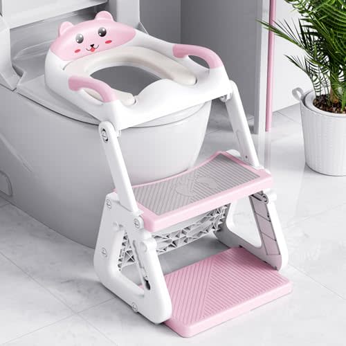 Orzbow Potty Training Seat with Step Stool, Toddler Toilet Seat with Ladder | 7 Height Adjustable, Splash Guard, Non-Slip Base, Handles, Stable Triangular Fits Most Toilets, For Kids Boys Girls, Pink