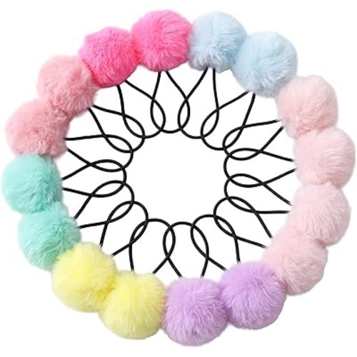 Pom Pom Hair Ties 16 Pcs Hair Ties for Girls Ball Scrunchies Hair Accessories for Women(2 inch,Multi-color)