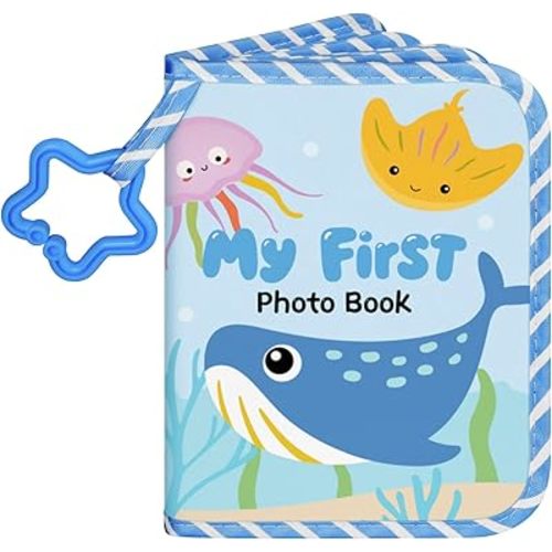 Lanpn My First Baby Photo Album Holds 17 4x6 Photos, Soft Cloth Family Book with Name Card Name Tag Stickers, Fabric Kid Memory Keepsake Gift for 4x6 Baby Shower Kids Newborn Toddlers Boy Girl (Ocean)