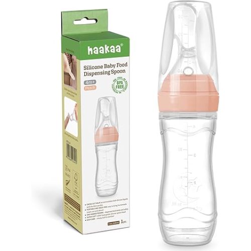 Haakaa Silicone Baby Food Dispensing Spoon Feeder 4oz - Infant Squeeze Cereal Feeder, Baby Fresh Food Feeder, Feed Bottle for Puree, Solid Baby Food, BPA Free, 4m+ Babies – Peach