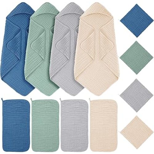 Breling 12 Pcs Muslin Hooded Baby Bath Towel, Hand Towels and Washcloth Set, 36"x 36" Cotton Newborn Bath Towel Cotton Absorbent Blanket Unisex Newborn Gift Essentials for Girl Boy (Blue Series)