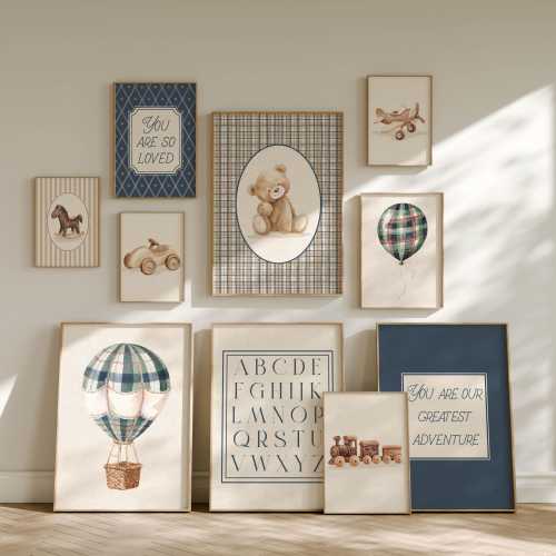 Vintage Baby Boy Nursery Wall Art Set, Blue Teddy Bear Gallery Prints (Digital Download)