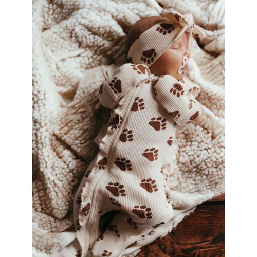 Organic Waffle Ruffle Zip Footie, Bear Paw