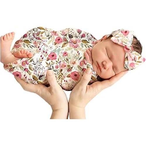 Baby Girl Newborn Receiving Blanket with Headband Set Baby Swaddle Nursery Swaddle Wrap Perfect Shower Gift (Pink Flower)
