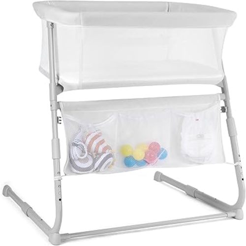 Cowiewie Bassinet Bedside Sleeper,Baby Bassinet Slides Over Bed,5-Position Height Adjustment & Breathable All-Mesh Wall Bedside Bassinet for Baby,Space-Saving Bedside Crib, Height(37.4-41.3"), White