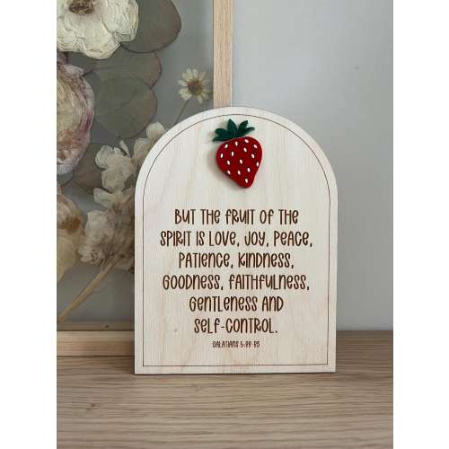 Strawberry Bible Verse Shelf Sitter: Fruits of the Spirit Nursery Decor, religious gift, baby shower