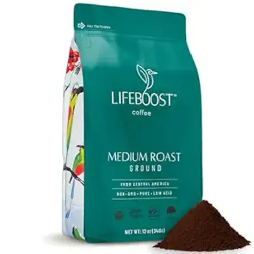 Lifeboost Coffee Ground Medium Roast Coffee - Low Acid Single Origin USDA Organic Coffee - Non-GMO Ground Coffee Third Party Tested For Mycotoxins & Pesticides - 12 Ounces