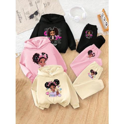 Girls' Basic Versatile Back To School Casual Fashion Creative Cartoon Cute Girl Silhouette Stylish Graphic Print Hoodie And Sweatpants Set, Suitable For Girls In Autumn Fall Winter | SHEIN USA