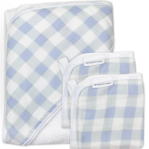 3-Piece Organic Cotton Hooded Towel Set, Blue Gingham| Honest Baby Clothing