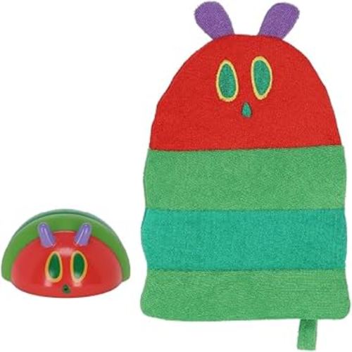 Eric Carle Very Hungry Caterpillar Wash Mitt and Squirt Set and Baby Bath Time Essential – Fully Lined Adult Size Mitt with Loop to Hang Dry