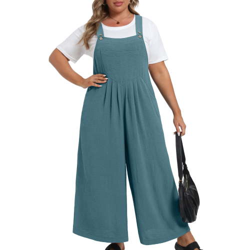 Cueply Womens Plus Size Overalls Jumpsuits Causal Sleeveless Adjustable Straps Wide Leg Long Pants with Pockets