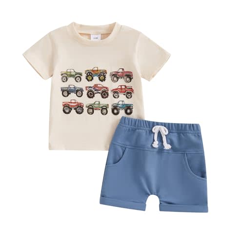 Toddler Baby Boy Summer Clothes Trucks Letters Short Sleeve T-shirt Top Elastic Waist Shorts Set Summer Outfit 2Pcs