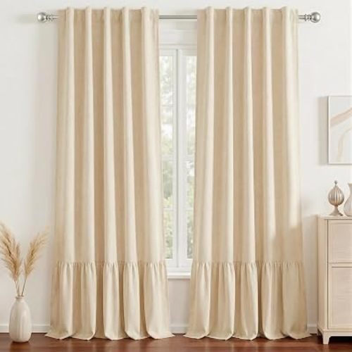 Ruffle 100% Blackout Curtains,Double Layer,2 Panels,Natural,42x84