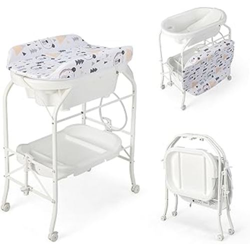 HONEY JOY Baby Changing Table with Bathtub, Foldable Infant Diaper Changing Station with Wheels, Storage Tray, Waterproof Pad, Portable Newborn Nursery Organizer Bath Stand for Boys Girls (White)