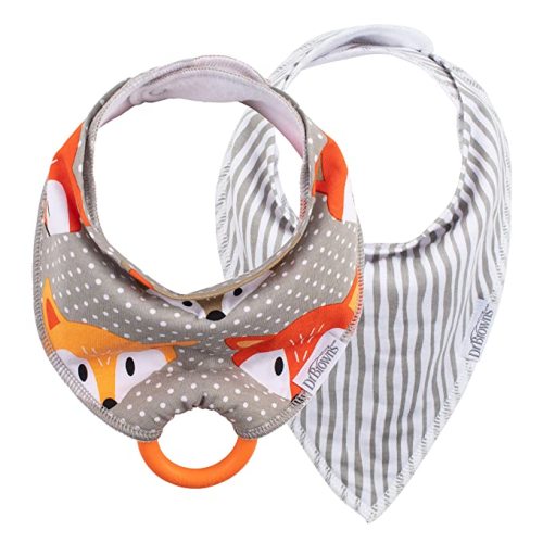Dr. Brown's Super Soft & Absorbent Baby Bandana Bib with Snap-On Teether, 3m+, 2-Pack, Fox & Stripes