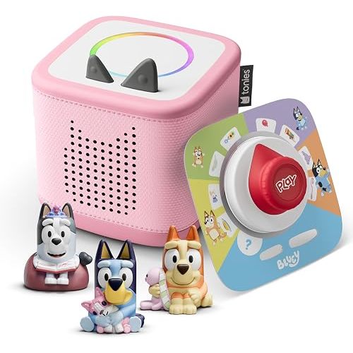 Toniebox 2 Audio Player Speaker Bundle for Kids 3+ with Bluey, Bingo, and Muffin Figurines and Tonieplay Game & Controller - Cloud Pink