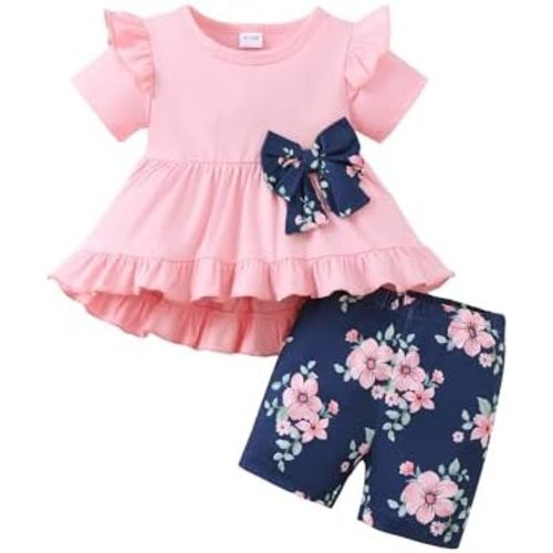 Kucnuzki Baby Girl Clothes Toddler Girls Summer Outfits Kids Short Fly Sleeve Cute Ruffle Shirts Tops Floral Shorts Set