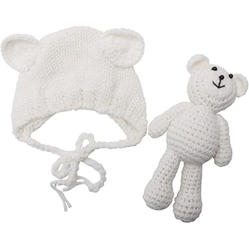 ECYC Newborn Baby Bear Hat Beanie with Bear Dolls Photography Accessories,White