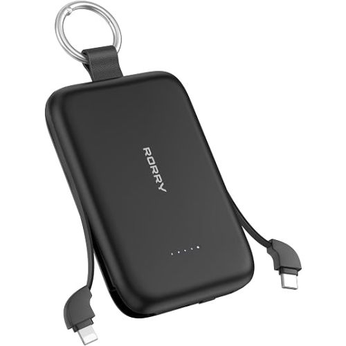 RORRY CharmGo Portable Charger, 10000mAh PD 30W Fast Charging Portable Charger Power Bank with Built-in Cables, Travel Keychain Charger Battery Pack for iPhone 17/16/15, for AirPods 2/3/4/Pro, Black