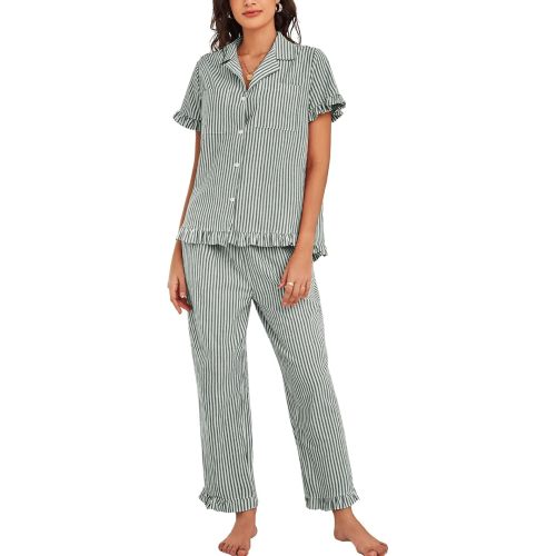 Flygo Womens Striped Pajama Sets Cotton Button Down Sleepwear Short Sleeve Top Long Ruffle Pants 2 Piece Pjs Loungewear Sets