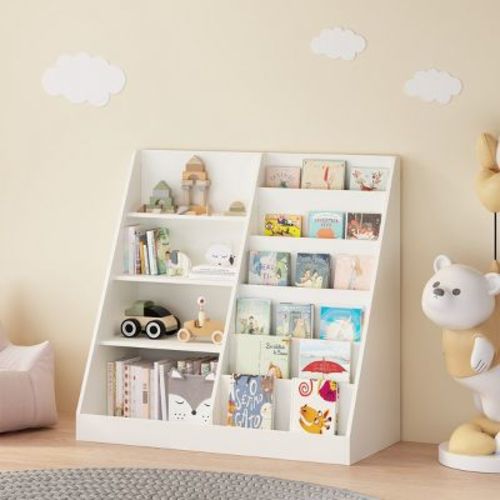 Trapezoid Kids Bookshelf with MDF Frame Anti-Tip Kit for Playroom or Bedroom-3irtyhousy