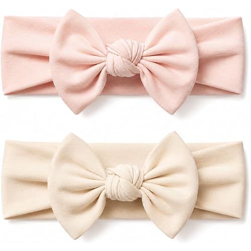 Baby Girl Headbands-Infant,Toddler Cotton Handmade Hairbands with Bows Child Hair Accessories (2, Powder Pink- Light Beige, 3-36 Month)