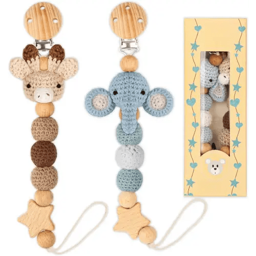 Pacifier Clip, 2 Pack Pacifier Holder for Boys and Girls, Cute Deer Handmade Knitted Christmas Pacifier Clip Fits for Most Pacifier, Baby Teethers, Baby Shower and Baby Gift(Elephant&Deer)