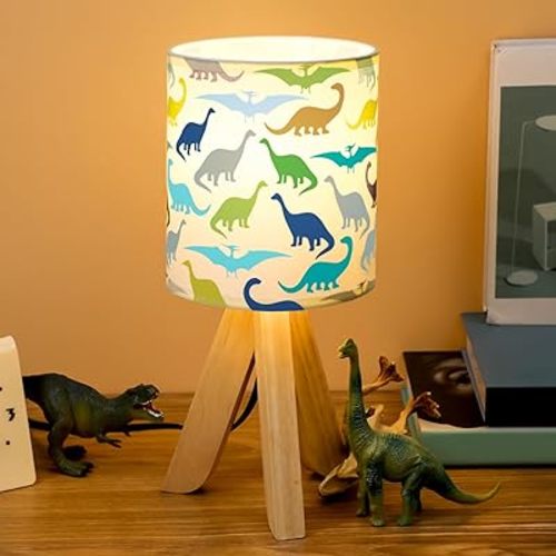VIHOSE Kids Table Lamp for Bedroom Kids Bedside Lamp with Linen Wooden Nightstand Lamp Cartoon Nursery Lamp Lampshade for Girls Boys Living Room(Dinosaur)