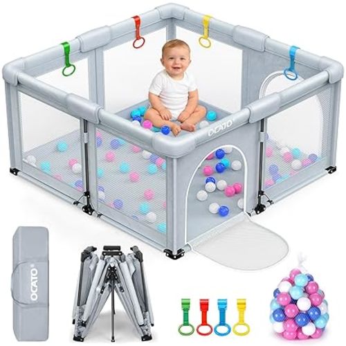 OCATO Baby Playpen: Foldable Playpen for Babies and Toddlers Large Play Pen Portable Playpen Fence Indoor Outdoor Kids Safety Area Travel Play Yard with 1 Storage Bag 4 Handlers 50 Balls (50" × 50")