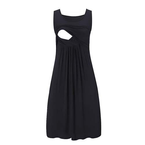 Fengqque Nursing Maternity Maternity Postpartum Comfort Dress Pajamas Solid Breast-Feeding Pregnant Patchwork Nursing Dress Sleeveless Round-Neck