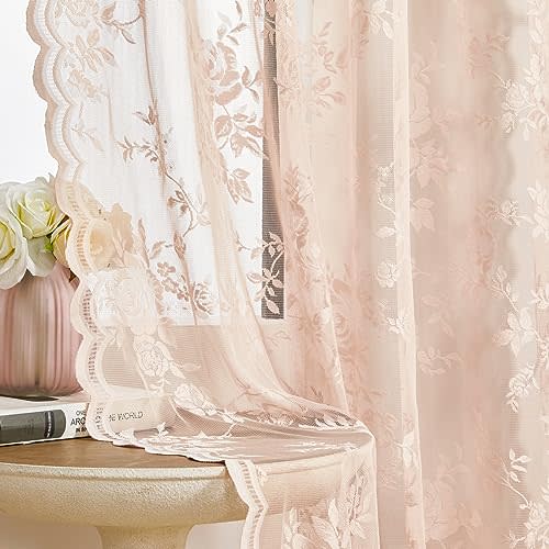 SEEKRIGHT Pink Lace Curtains 45 Inch Length Victorian Floral Sheer Curtains for Living Room Bedroom Girls Room Rod Pocket Light Filtering Romantic French Window Decor, 2 Panels Set, 52x45 Blush