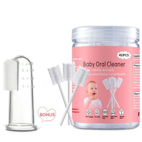 EASICUTI Baby Tongue Cleaner, Baby Toothbrush, 42Pcs Disposable Infant Toothbrush Clean Baby Mouth,Gauze Gum Cleaner Baby Oral Cleaning Stick Dental Care for 0-36 Month Baby+Free 1 Finger Toothbrush