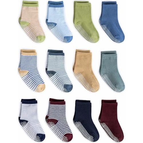 ZAPLES Baby Non Slip Grip Crew Socks with Anti Skid Soles for Infants Toddlers Kids Boys Girls