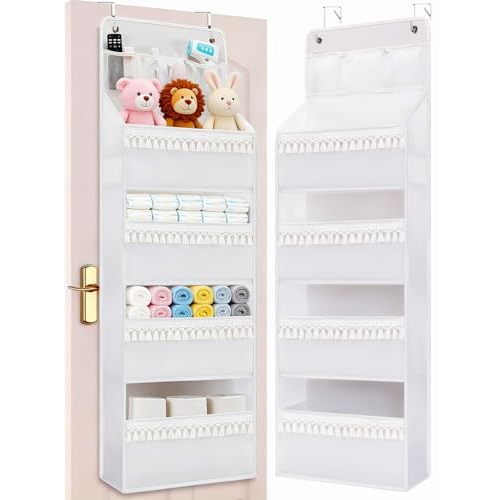 Over Door Organizer - Boho Nursery Hanging Organizer with Tassels -Oxford Behind Door Storage for Bedroom, Bathroom, Closet, Dorm, Pantry, Baby Diapers, Toys, Plush, 4 Tiers, White