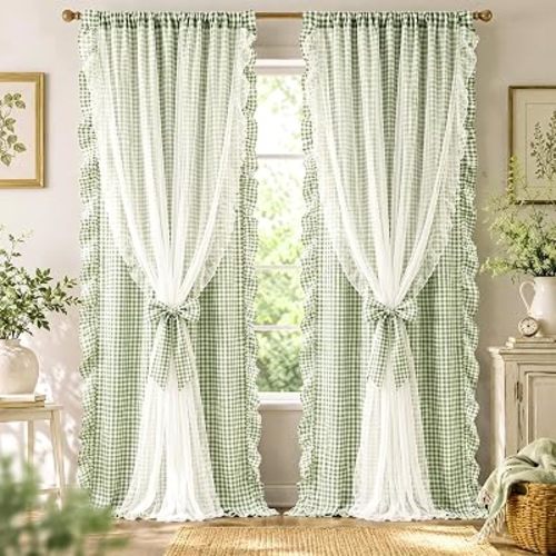 Remagr 2 Pcs Sage Green Buffalo Plaid Curtains Gingham Ruffled Curtain