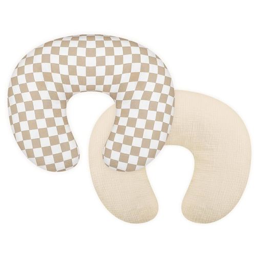 DILIMI Muslin Nursing Pillow Cover 2 Pack, Removable Nursing Cover for Breastfeeding Pillows, Ultra Soft Comfortable Slipcover for Baby Girl and Boy, Beige and Brown Checkered