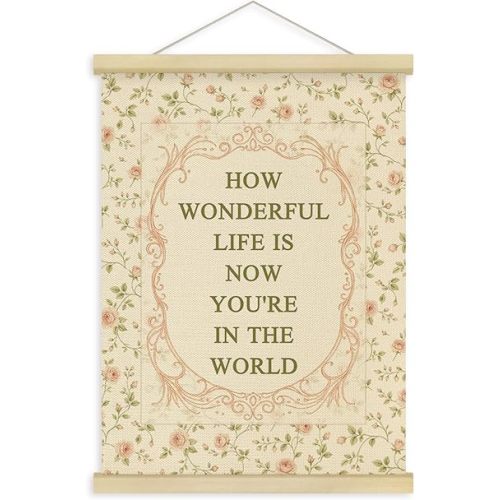 Fewgb Vintage Girl Nursery Wall Art Decor, How Wonderful Life Is Now You're in the World Wall Poster Framed Hanger for Baby Girl Kids Room Playroom Classroom, Floral Hanging Picture Banner 12x16