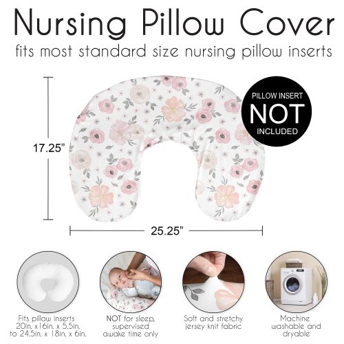 Sweet Jojo Designs Watercolor Floral Nursing Breastfeeding Pillow Cover Case Pillow Not Included Pink Grey Boho Shabby Chic Rose