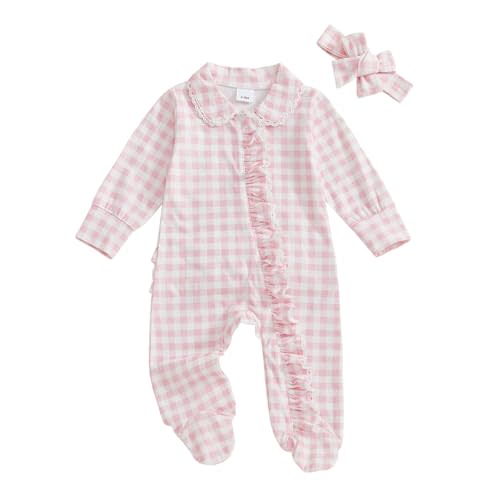 Newborn Baby Girl Outfits Bow/Goose Print Footed Jumpsuit Ruffle Zipper Romper Cute Fall Baby Coming Home Outfit