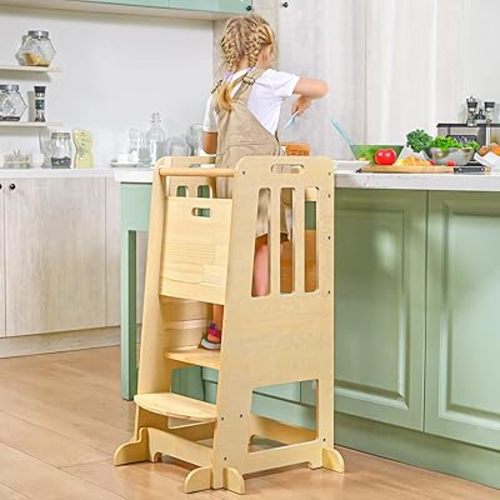 WINGYZ Toddler Tower – Adjustable Step Stool Helper for Kids 18M–6Y, Kitchen Learning Stool with Safety Rail, 3-Height Adjustable, Sliding Door, Full Support Foot, Updated Wooden Design, Natural Wood